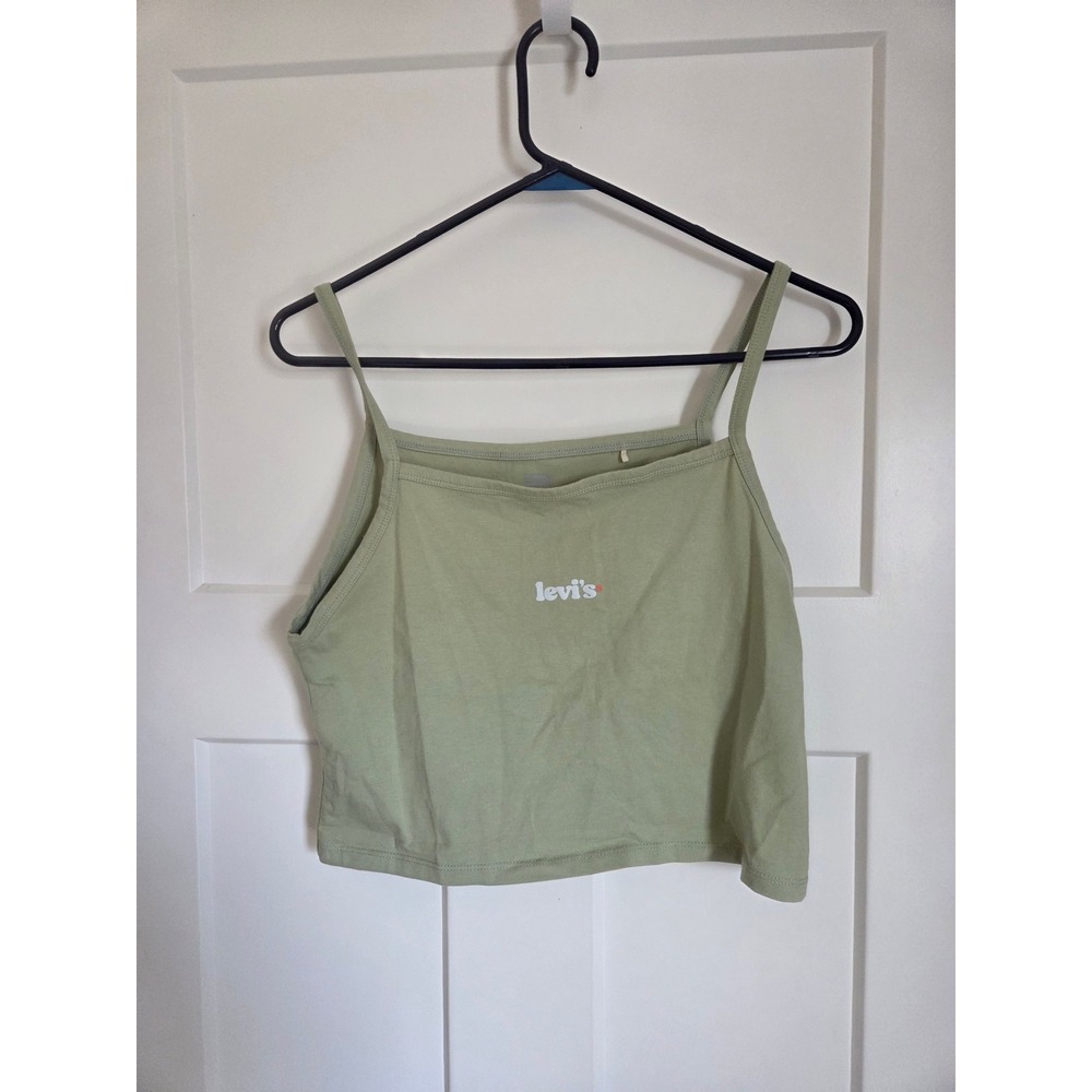 Levis Sage Green Cropped Cami Tank Top Logo Floral Embroidery Womens Medium